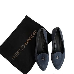Rebecca Minkoff Suede Loafer Navy Blue Size 7.5” Silver Key w/ red stacked heel